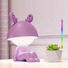 FemKey Nachtlicht Kinder, LED Nachttischlampe Touch Kinder 7 modi RGB Farbwechsel & Warmes Licht, Tischlampe Aufladbar Dimmbar Typ-C, Nachtlampe Kinderzimmer Lila Elch für Mädchen