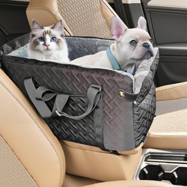 Center Console Dog Car Seat for Small Dogs (Up to 18 lbs) - Washable, Foldable Pet Booster Seat with Safety Hooks, Adjustable Straps & Storage Pocket