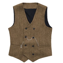 Men's Vintage Suit Vest Double Breasted Wool Tweed Vest for Wedding Groomsmen, brown