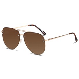 ANDWOOD Oversized Aviator Sunglasses for Women Men Big Large Rimless Metal Frame with Spring Hinges Sun glasses Brown Shades
