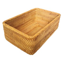 amololo Handmade Rectangle Wicker Fruit Box Rattan Tray Magazine Organizer and Small Objects Container Serving Basket (Large)