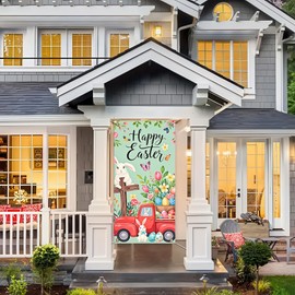 BlissYard Happy Easter Door Cover Bunny Truck Door Banner Welcome Easter Spring Banner Holiday Party Decorations for Front Door Wall Indoor Outdoor Decor 71x 35 Inch Spring Easter Hanging Decorations