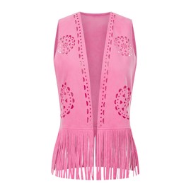 GPLOPEEY Women's Fringe Cowgirl Waistcoat Ladies Faux Suede Denim Jacket Sleeveless Cardigan Cowboy Vest Streetwear (03 Fuchsia, L)