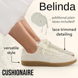 CUSHIONAIRE Belinda Women’s Lace Detail Casual Sneakers – Elegant Ribbon Lace-Up Shoes with Memory Foam, Ivory Vegan Suede 11W