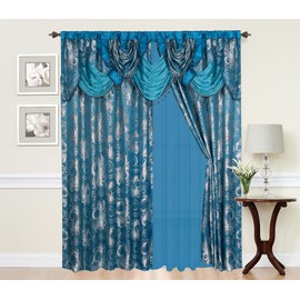 GLORY RUGS Jacquard Luxury Window 2 Panel Set Turquoise Curtain with Attached Valance and Backing Bedroom Living Room Dining 2 Curtains 55x84 inches Each Jana