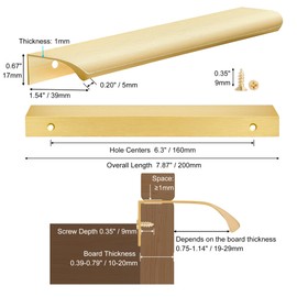 Malimali 5 Pack Gold Kitchen Cupboard Handles - 200mm Finger Edge Pulls for Cabinets and Drawers, Modern Aluminum Wardrobe Door Handles, Brushed Brass Bathroom Cabinet Pull