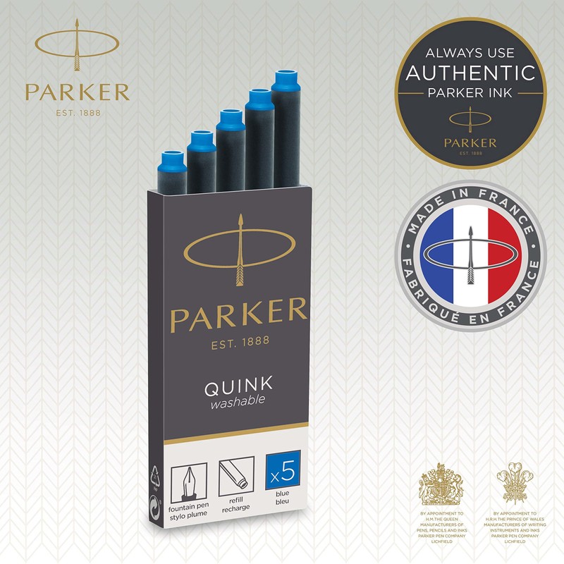 PARKER QUINK Long Fountain Pen Ink Refill Cartridges, Washable Blue,