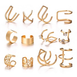 MALOYANVE 12 Pcs Ear Cuff for Women Girls,12 Styles Cartilage Clip On Earrings Set Stainless Steel Ear Clip Fake Cartilage Earring Non Piercing Helix Cartilage Ear Clip (Gold)