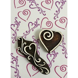 Wooden Block Printing Stamps, Heart and Scroll Design, Traditional Indian Art Pattern, Dark Brown and White
