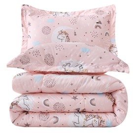JSD Pink Unicorn Kids Comforter Set Queen Size, 3 Piece Printed Microfiber Comforter with Pillow Sham, Machine Washable