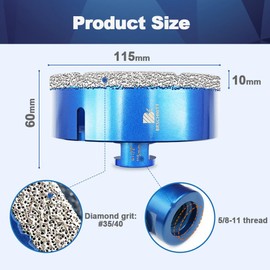 115mm Diamond Core Drill Bit for Porcelain Tile Ceramic Marble Granite Drilling,BRSCHNITT 1pc Vacuum Brazed Diamond Hole Saw with 5/8-11 Thread (115mm)