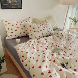 Nayoroom Heart Duvet Cover Full Size 100% Cotton Red Heart Printed on White Comforter Cover 3Pcs Girls Cute Kawaii Heart-Shaped Pattern Bedding Set with Zipper Closure Soft Breathable