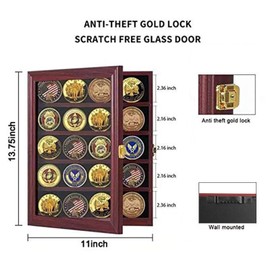 Jinchuan Military Challenge Coin Display Case Lockable Cabinet Rack Holder Shadow Box with Removable 2 Grooves Shelves and Anti Dust Door for Casino Poker Chips Collectibles Mahogany