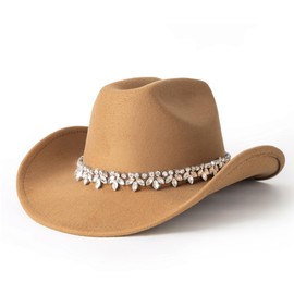 Gossifan Western Cowboy Hat for Women Sparkly Rhinestone Cowgirl Hat,Bride to be Gift-Camel