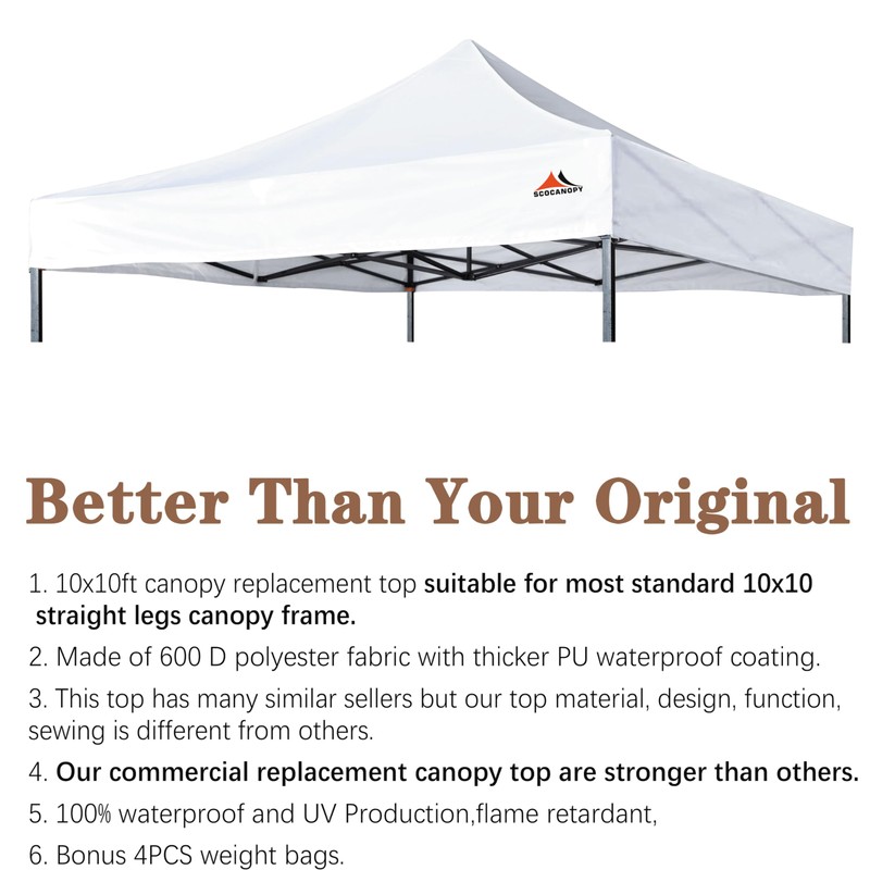 SCOCANOPY Commercial 10x10 Replacement Canopy Top,Canopy Cover ONLY,Bonus 4 Pack