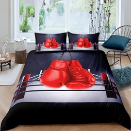 Homewish Boy Boxing Duvet Cover Single, Adult Sports Games Theme Comforter Cover Boxing Gloves Bedding Set, Boxing Player Quilt Cover for Kids Teens Room Decorative, Black Red