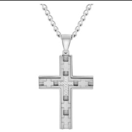 Believe by Brilliance Cross Pendant Necklace Men’s 24' Stainless Steel CZ New