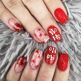 Christmas Press on Nails Short Medium Square Candy Cane Red Sequins Heart Nail Designs Fake Nails, Red Full Cover Acrylic Nails Xmas Stick on Nail Tip Winter False Nails Kit for Women Girls 24PCS