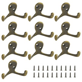 WMYCONGCONG 10Pcs Coat Hooks Door Wall Double Prong Robe Hook Retro Cloth Hanger Metal Door Hooks Screw in with 20 Screws for Hanging Robe, Towel, Coat, Bag & Hat