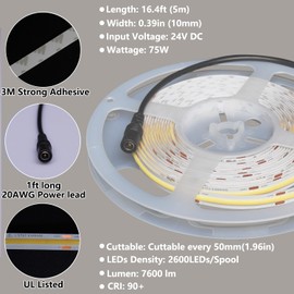 PAAYIBRIL Warm White COB LED Strip Lights 3000K, 460LM/ft Ultra Bright, CRI 90+, UL Listed, High Density 2600 LEDs, 16.4ft, 4.6W/ft, 24V DC Tape Lights for Bedroom, Cabinet (No Power Supply)