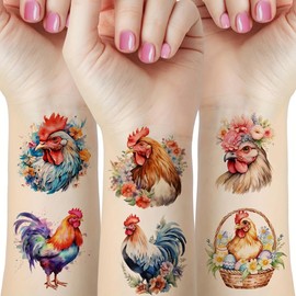 16 Sheets Rooster Temporary Tattoos. Watercolour Colourful Poultry Art.