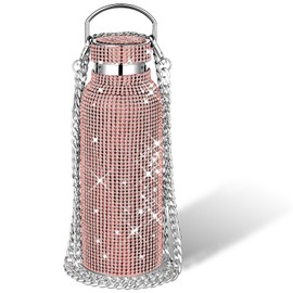 Geiserailie Diamond Water Bottle Bling Rhinestone Stainless Steel Thermal Bottle Refillable Insulated Glitter Water Jug with Chain for Women Girls Gifts(500 ml,Champagne Gold)