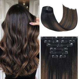 Clip in Hair Extensions 120G 100% Brazilian Remy Human Hair Extensions 9A Thickened Soft Silky Straight for Fashion Women 7pcs 17clips Natural Black to Chesnut Brown Highlight Black (20Inch #1BT6P1B)