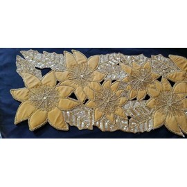 Tahari HOLIDAY Beaded Table Runner Gold Poinsettia Tahari  13 x 36