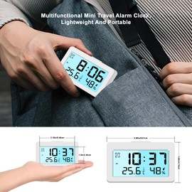 LXSZRPH Small Digital Travel Alarm Clock, Mini Desk Clock, Backlight, Powerful Volume, Battery Operated, Temperature Humidity Display, LCD, Easy to Use, Portable (1, White)