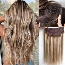 Balayage Invislble Human Hair Extensions, Blonde Ombre Ash Brown to Bleach Blonde Highlighted 16Inch 80g Straight Hairpiece Flip in Extensions with Invisible Fish Line