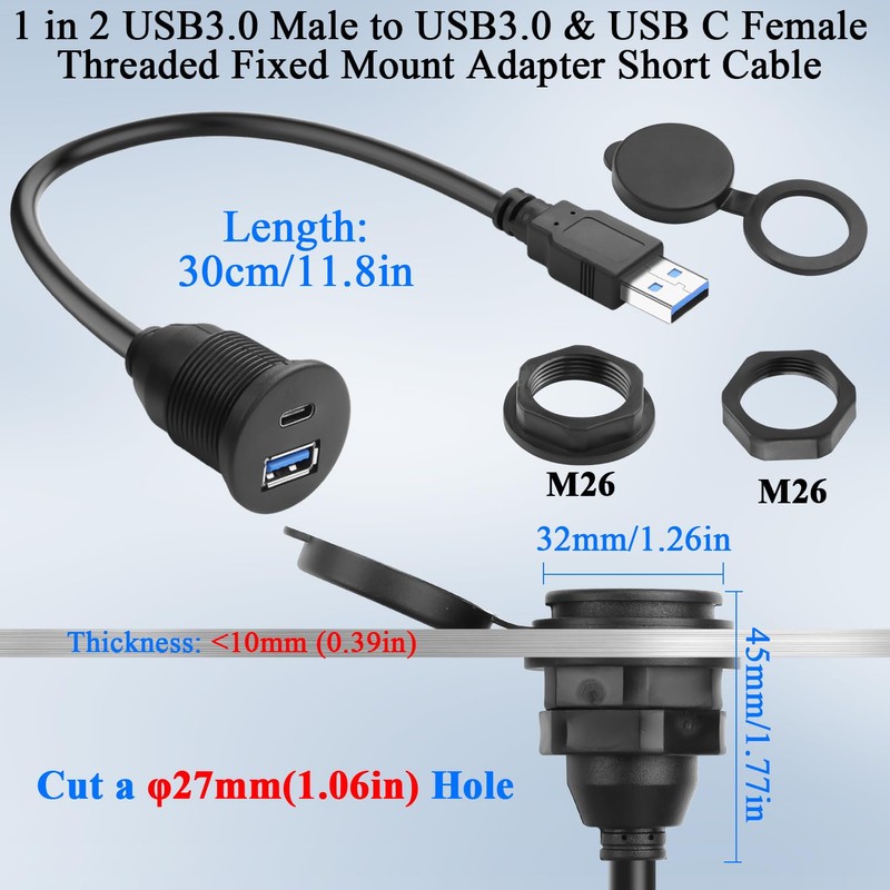 QIANRENON 2-in-1 USB3.0 to USB3.0 & USB C Threaded Fixed