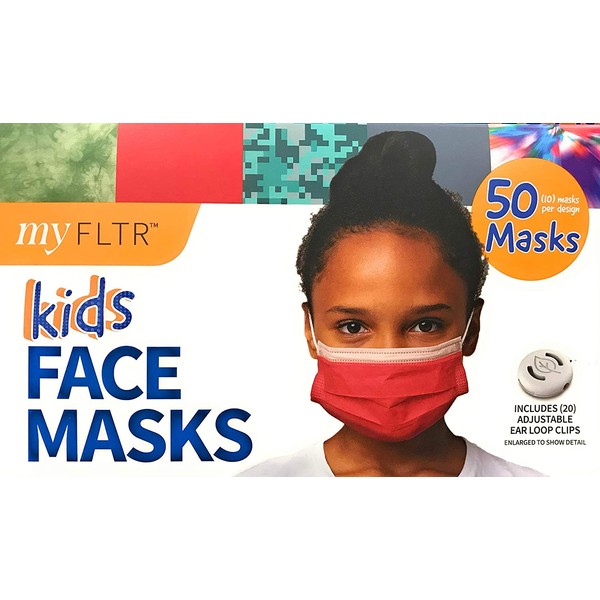 MY FLTR Kids Designed Face Masks Right Sized for Kids Adjustable Ear Loops 95% Filtration Including 20 Adjustable Ear Loops (10 Masks Per Designed) 50 Masks