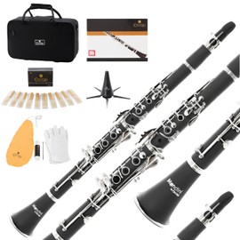 Mendini By Cecilio B Flat Clarinet for Beginner, Ebonite Bb Clarinet with 10 Reeds, Mouthpiece, Cork Grease, Gloves, Cleaning Cloth, Hard Case, Pocketbook, Stand (Black)