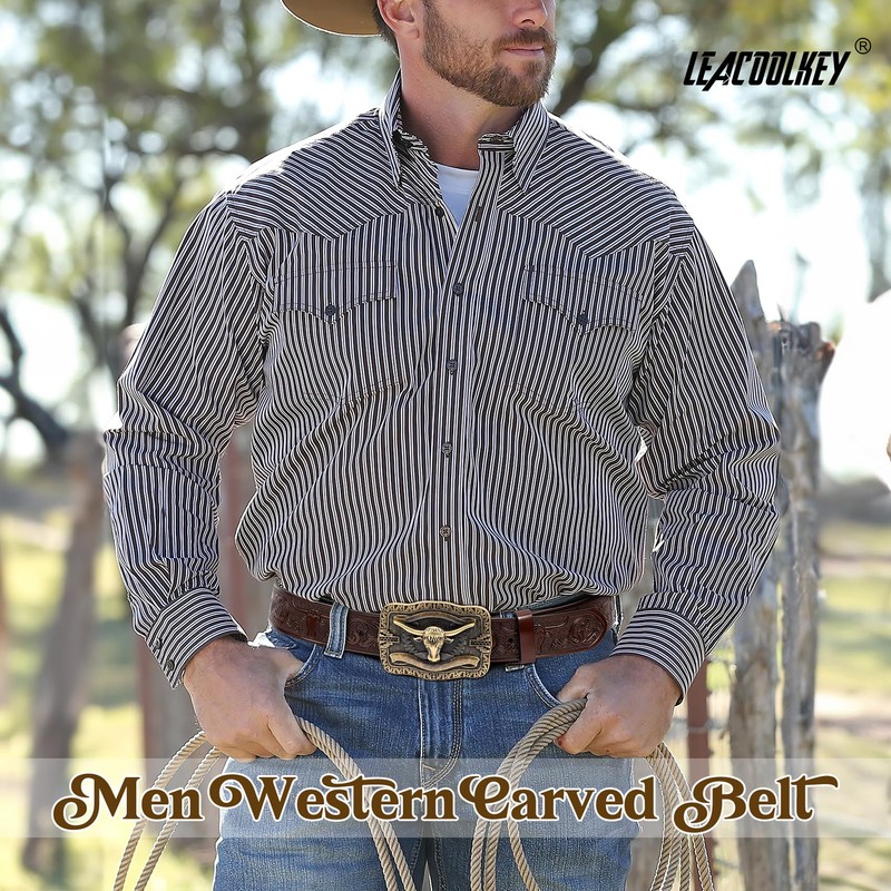LEACOOLKEY Western Leather Belt Strap for Men Cowboy Belts without
