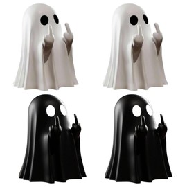4 Pcs Halloween Middle Finger Ghost Decorations Spooky Funny Table Statue Ornament for Prank Party, Unique Haunted House Decor, Eye Catching Gifts for Teens and Women Cute Humor Prop Black and white