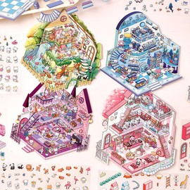 Large DIY 3D Sticker Art Kit for Adults & Teens - 4 Sets Isometric Room Scenes with Cartoon Decals, Stress Relief Creative Home & Room Landscaping Sticker Book