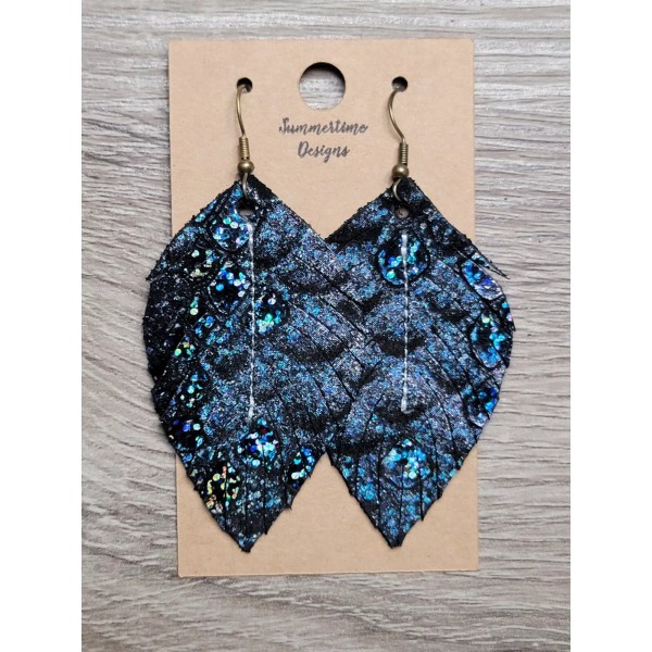 Handmade GENUINE Leather Feather Earrings Black Suede w Holo Python
