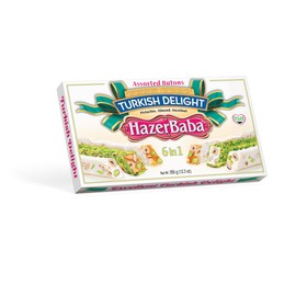 Hazer Baba Turkish Delight Candy Mixed, Gourmet Snacks Box Gift, Traditional, Coconut Dusted Sultan, Pistachio Dusted Botton, Mixed Nuts, Vegan Candy Lokum, Premium Quality Snacks Gift Box 12.3 Oz