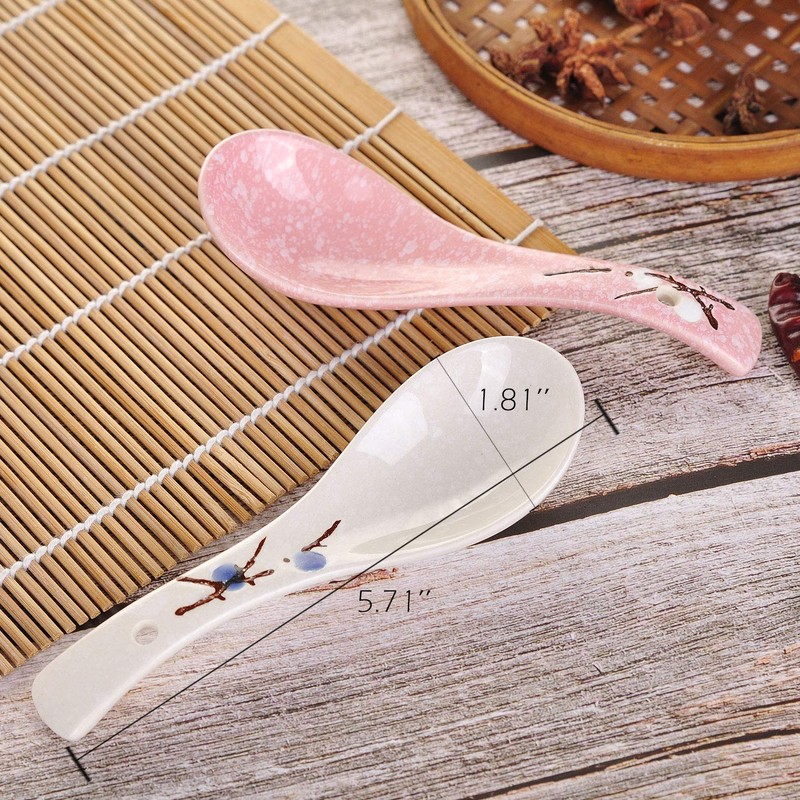 VanEnjoy Set of 4 Chinese/Japanese Ceramic Soup Spoons, Pink Cherry