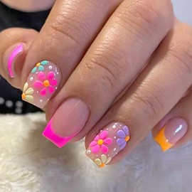Colorful French Tip Press On Nails - Short Square Designs with Relief Flowers, Artificial Stick Ons for Women