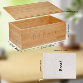 Jasvelly Bamboo Bread Bin with Chopping Board Lid and Linen Bag - Closed Bread Box for Fresh Storage - 33 x 19 x 13.5 cm - Beautiful and Practical
