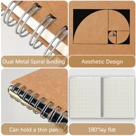 A4 Graph Paper Notebook, 2 Pack Large Spiral Grid Notebook, 200 Pages 100gsm Thick 5mm Square Paper Quad Notebook for Engineering, Math, Taking Notes, Drawing - Kraft Brown Cover, 8.5" x 11"