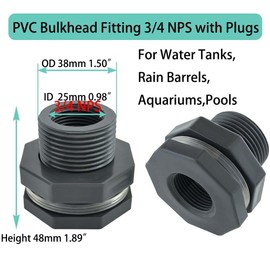 YSIL PVC Bulkhead Fitting 3/4 Inch Female Water Tank Connector with Plugs Pipe Fitting for 1-1/2"(38 mm) Water Tanks,Rain Barrels, Aquariums,Pools 5 Pack