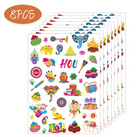 Happy Holi Hai Temporary Tattoos - 8 Sheets 320 Pcs Indian Festival of Colors Decorations Tattoo Stickers for Kids Boys Girls Multicolor Holi Party Favors Supplies Holi Activity Prizes Gifts