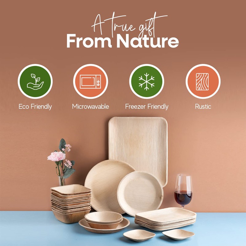 FOOGO Green 50 Disposable Palm Leaf Plates, Eco-Friendly Biodegradable Compostable