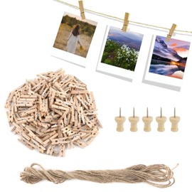 Mini Wooden Pegs, 150 Pcs Mini Pegs for Photos, Natural Small Wooden Pegs for Hanging Photos, Tiny Wooden Pegs with 10M String Jute for Decorative Photo Wall, Craft and Arts, Events, Weddings & Party