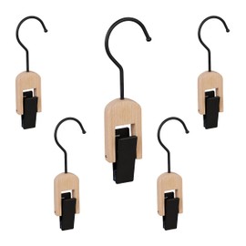 Relaxdays Set of 5 Rubber Coated Clothes Clips with Hooks for Cloths and Hats, Made of Wood and Iron, Black / Natural