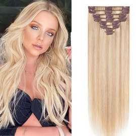Benehair Clip-In Real Hair Extensions, 8 Pieces, 100% Remy Real Hair, 45 g, Camel Mixed Light Gold Hair Extensions, Real Hair Extensions Clip for Women, 18 Clips per Set, 20 cm #18P613