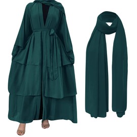 Muslim Chiffon Abaya for Women Open Front Cardigan Dress with Hijab Scarf Dubai Middle East Arabian Robe Islamic Full Length Dress Solid Loose Long Cardigan Kaftan Dresses Dark Green Small