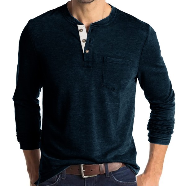 Camisa casual Henley de manga larga para hombre, clásica, ajustada, de algodón, con botones, con bolsillo, Azul marino, XX-Large